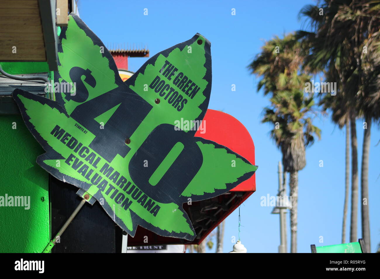 Close up of the sign of a medical marijuana dispensary in Venice, CA Stock Photo