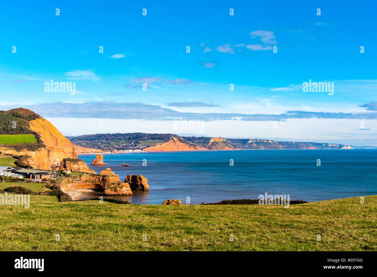 Ladram Bay and the Jurassic Coast as far as Beer Head, Devon,UK. Stock Photo