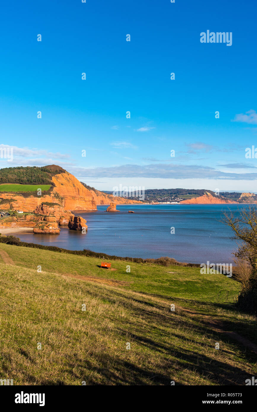 Ladram Bay and, in the distance, Sidmouth, Devon,UK. Stock Photo