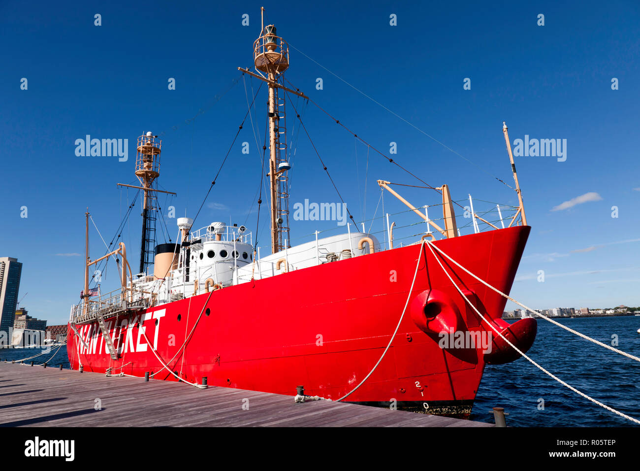 Wide-angle view of Lightship WLV-612 (Nantucket Lightship) moored in Boston Harbour Stock Photo