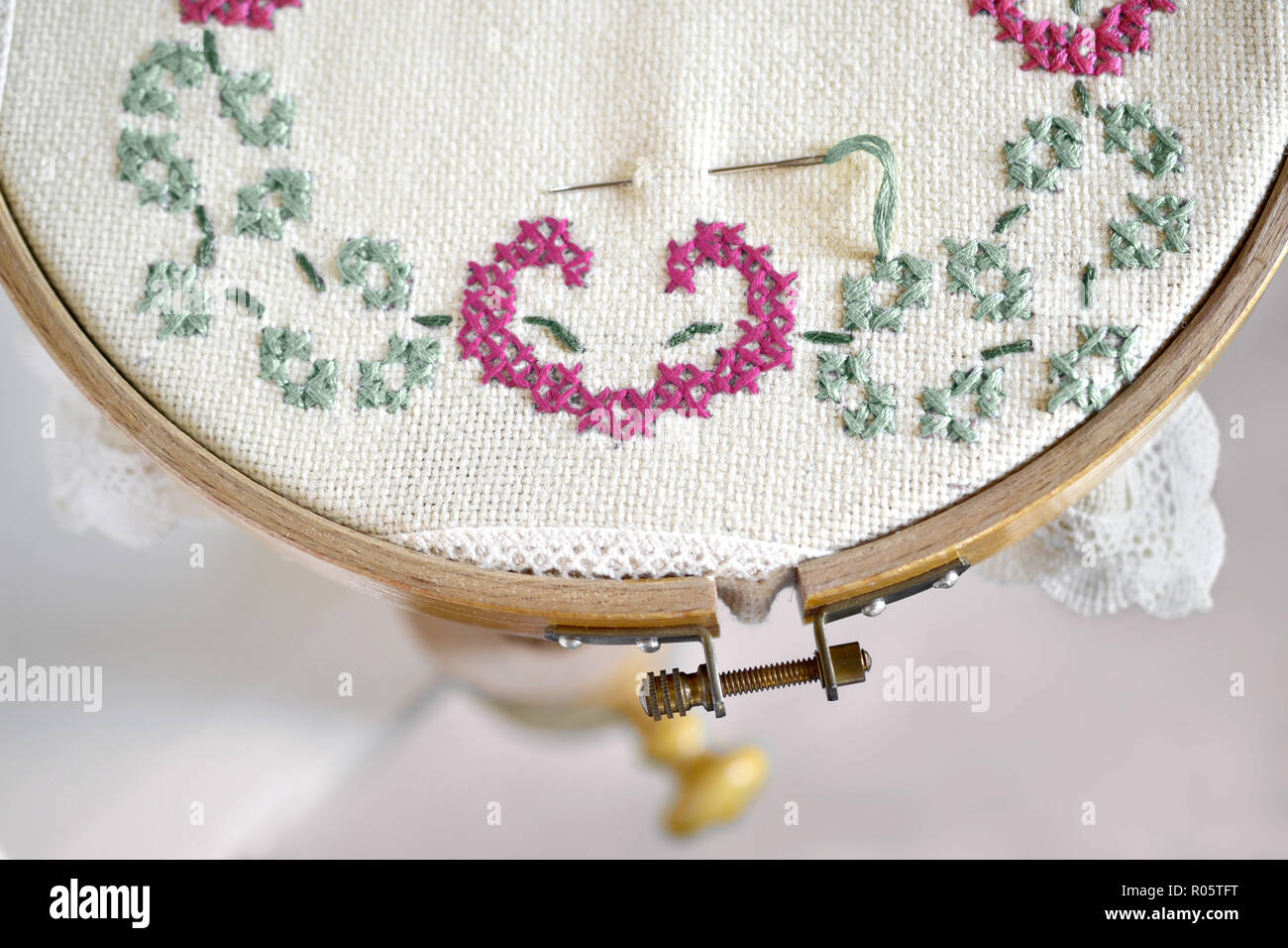 embroidery yarn handwork sewing wood thread embroidery hoop needle Stock Photo