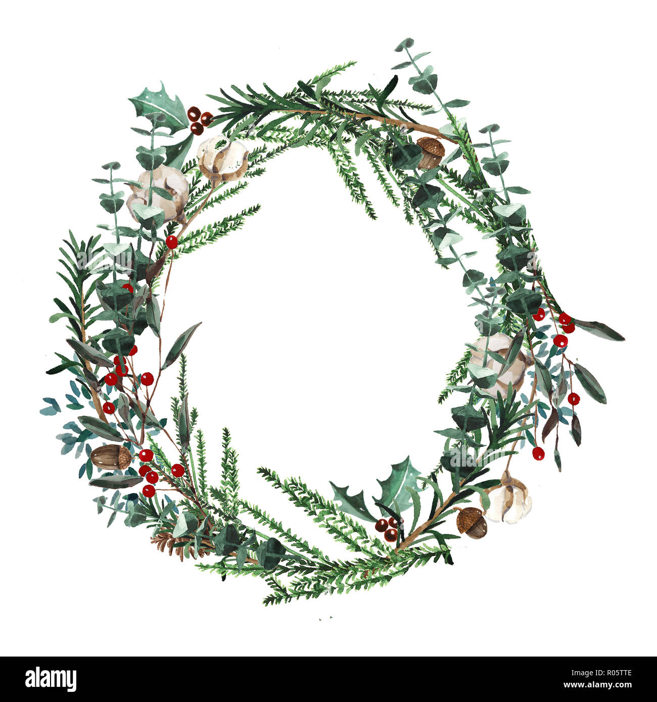 Wreath with pine branches and red berries, cotton and pine cones. Round ...