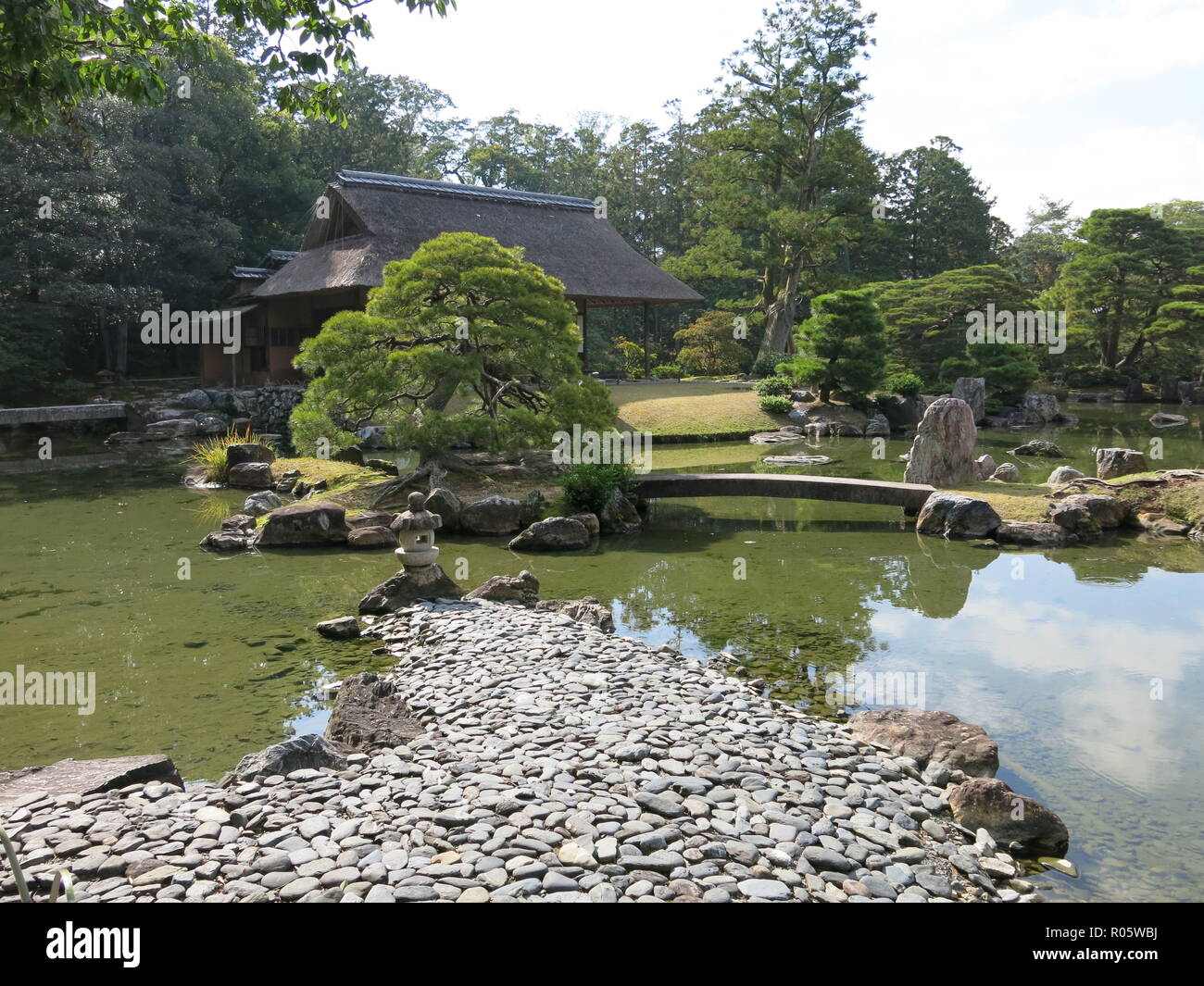 View of a traditional Japanese garden landscape in autumn; Katsura ...