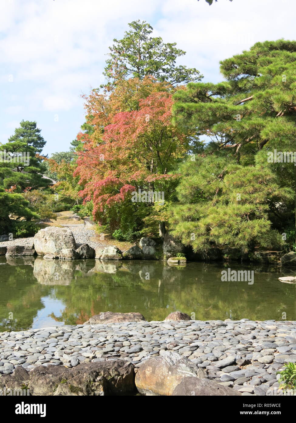 View of a traditional Japanese garden landscape in autumn; Katsura ...