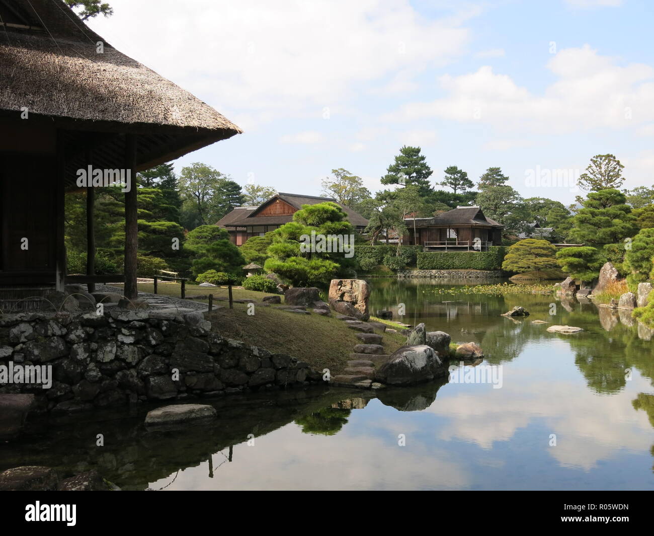 View of a traditional Japanese garden landscape in autumn; Katsura ...