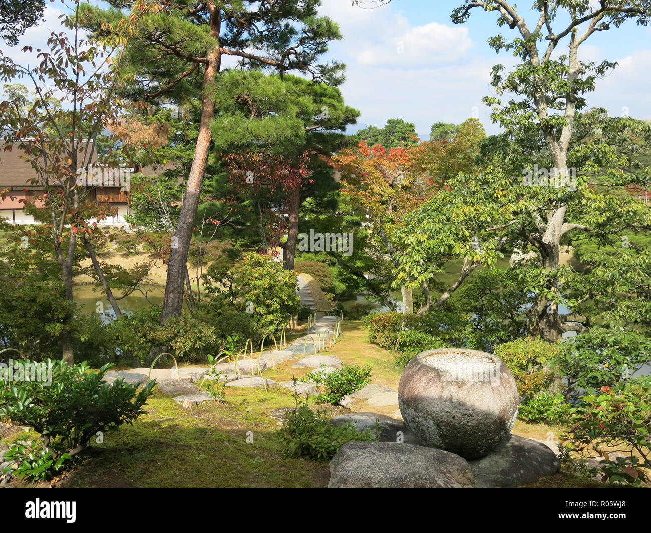 View of a traditional Japanese garden landscape in autumn; Katsura ...