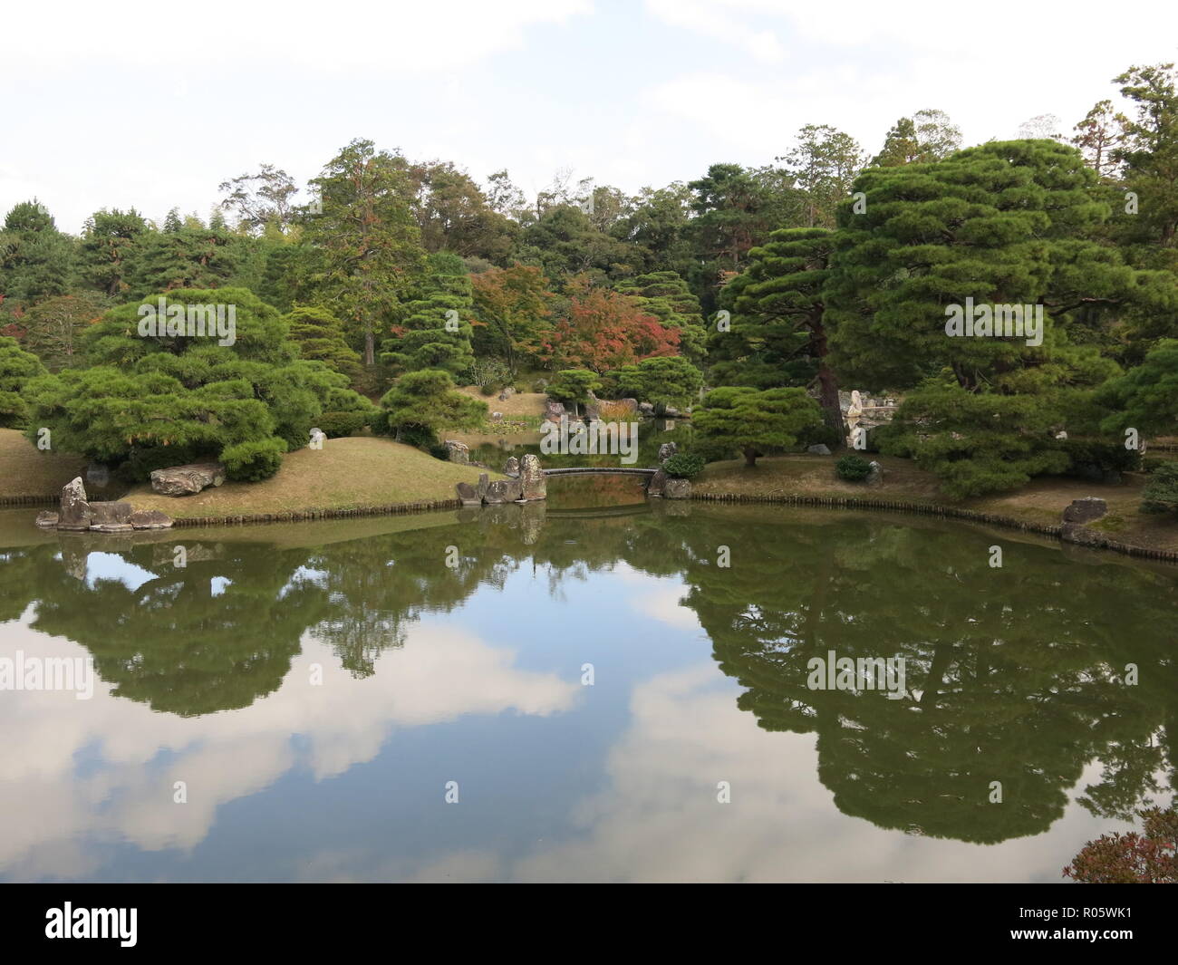 View of a traditional Japanese garden landscape in autumn; Katsura ...