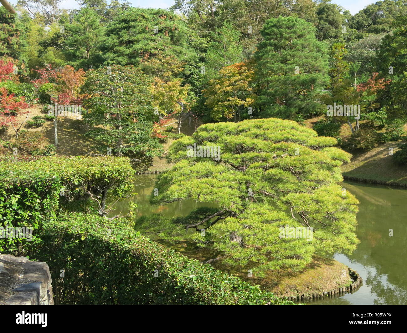 View of a traditional Japanese garden landscape in autumn; Katsura ...