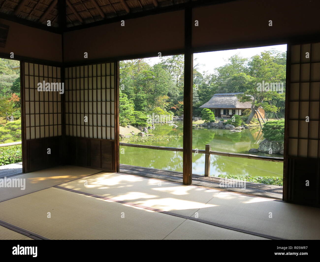 View of a traditional Japanese garden landscape in autumn; Katsura ...
