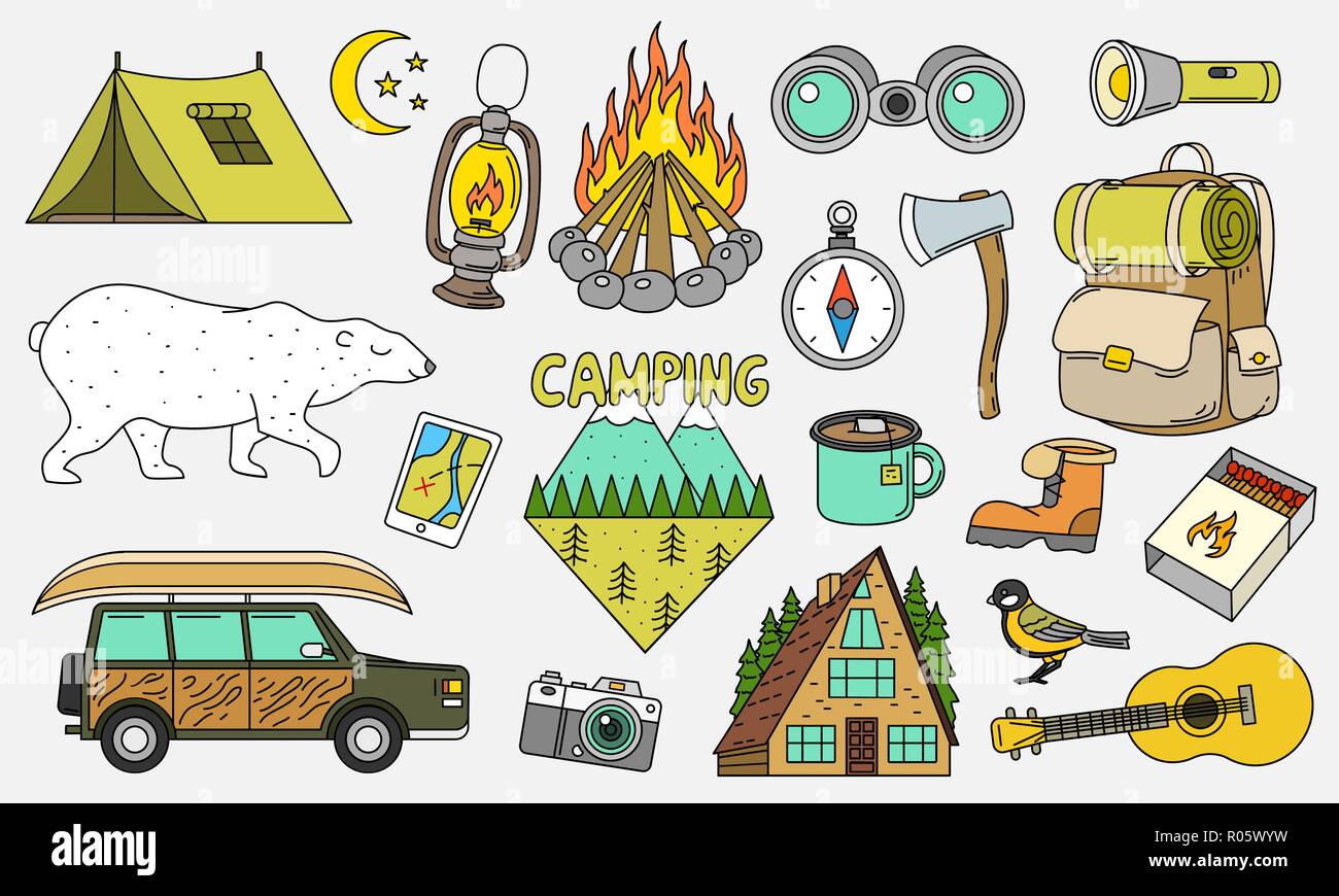 https://c8.alamy.com/comp/R05WYW/set-of-cute-camping-elements-equipment-in-forest-stickers-doodle-pins-patches-tent-car-backpack-guitar-mountain-fire-map-compass-bear-R05WYW.jpg