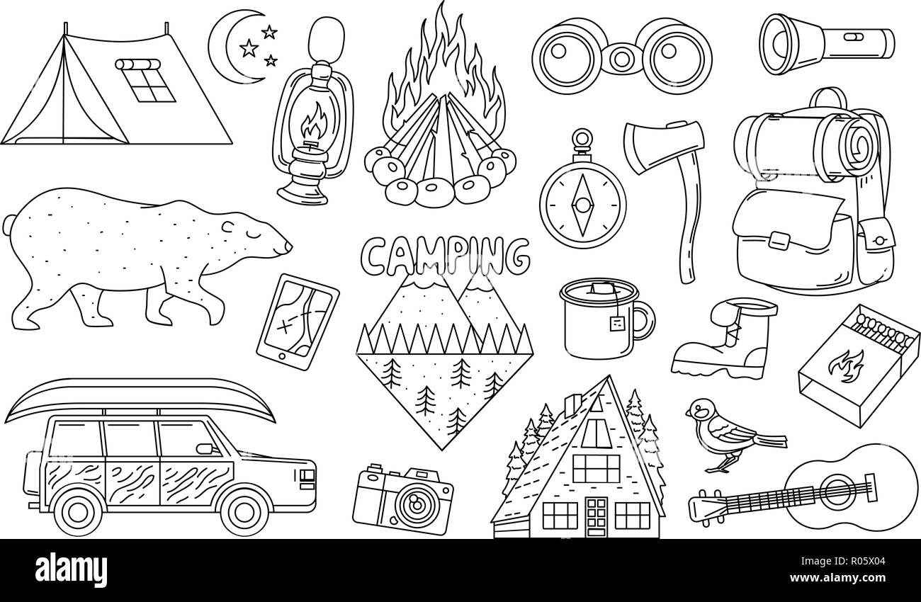 Set of cute camping elements. Stickers, doodle pins, patches. Equipment in forest. Mountain, fire, map, compass, bear, tent, car, backpack, guitar. Stock Vector