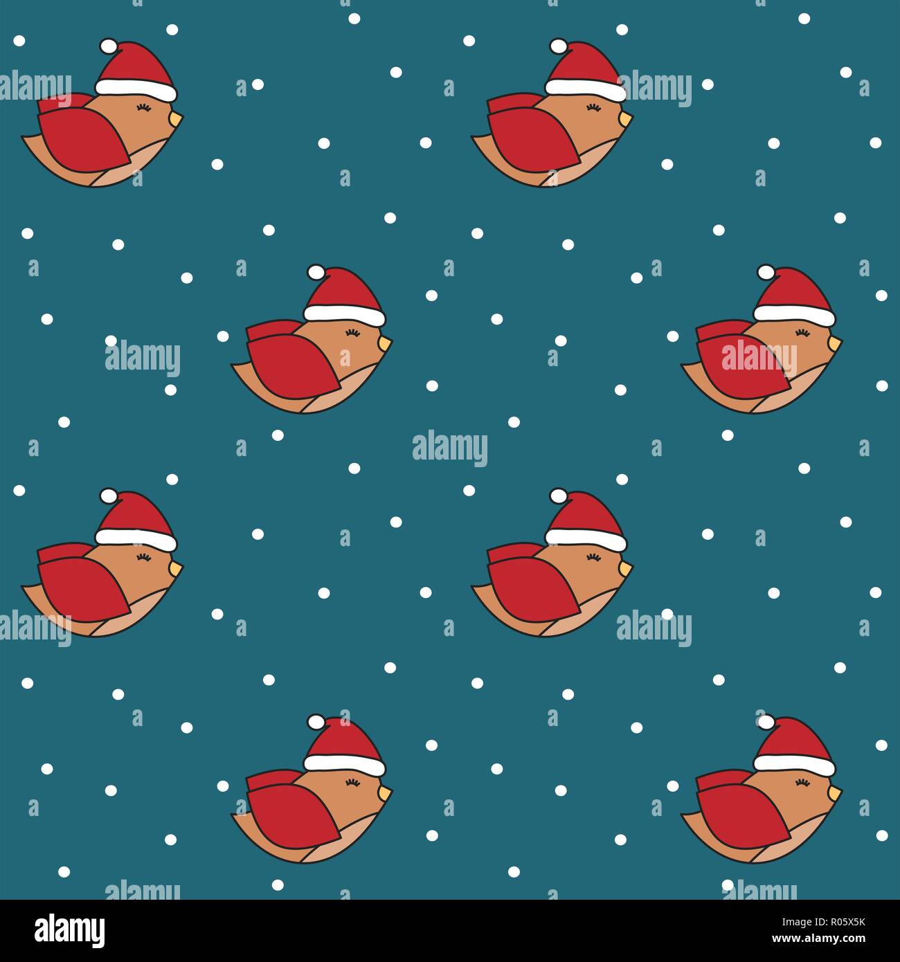 cute cartoon birds with santa hat christmas seamless vector pattern