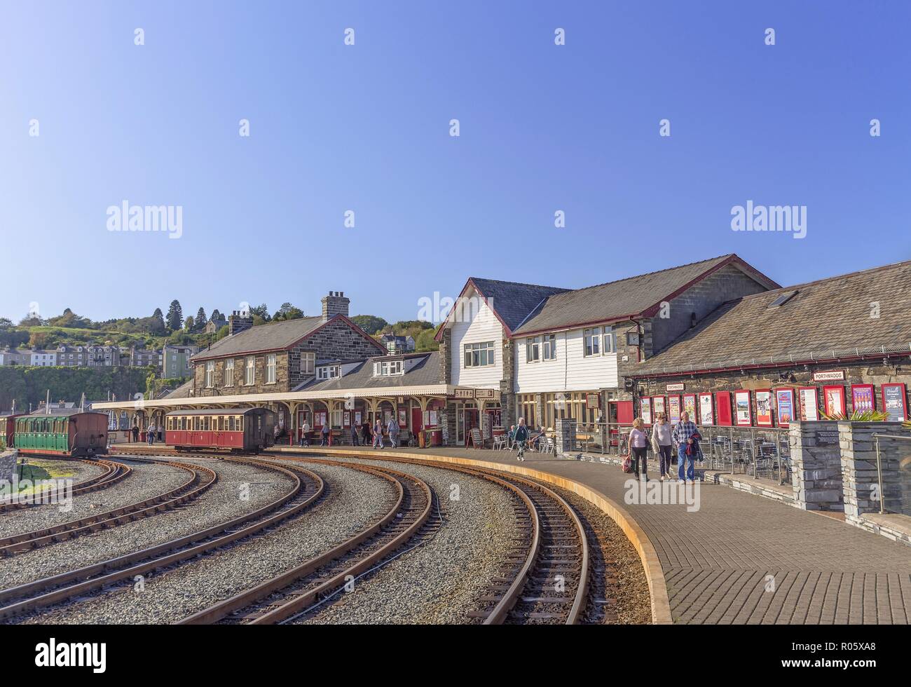 The station of the Ffestiniog Railway at Porthmadog, North Wales. Carriages stand near the