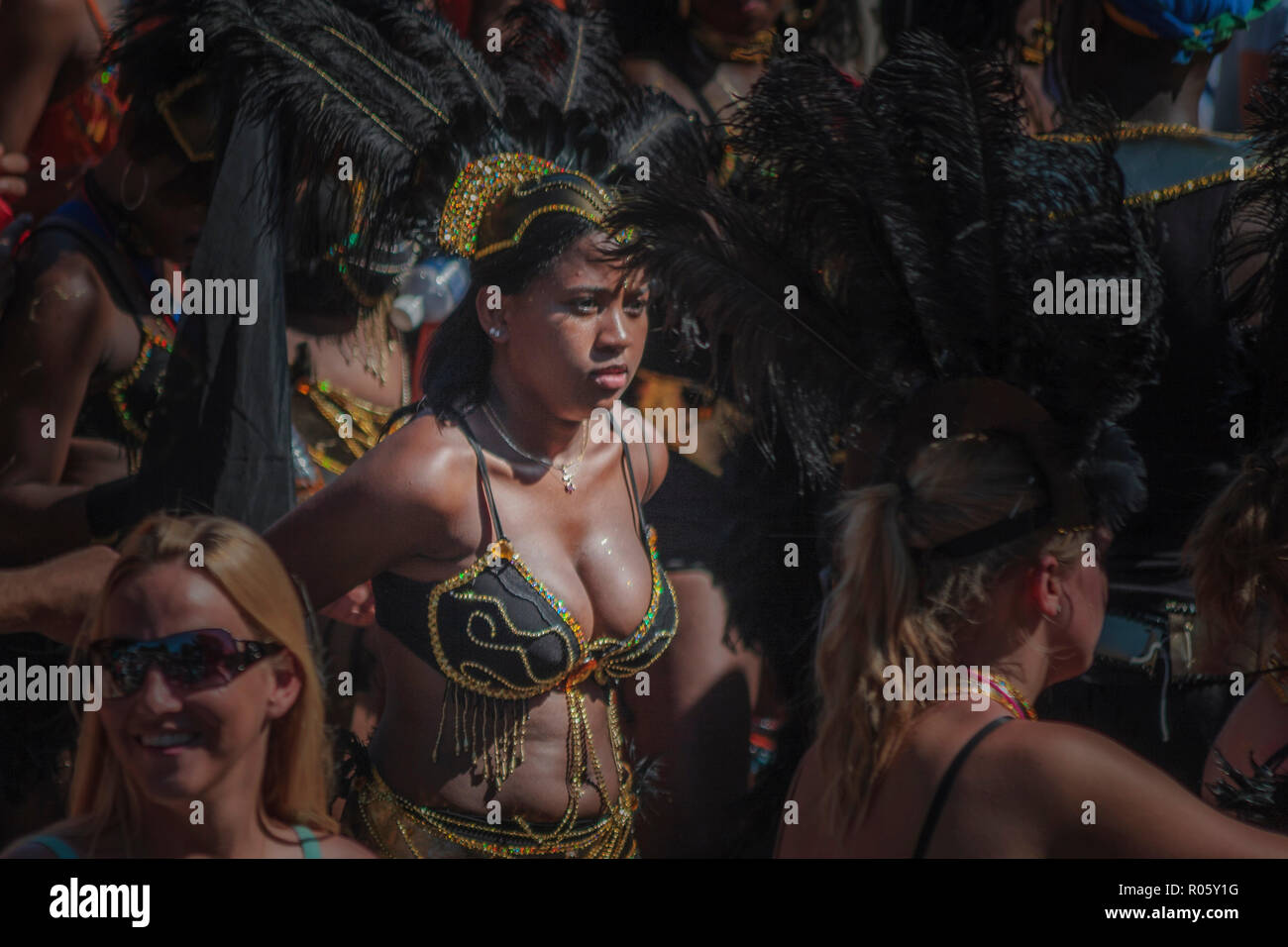 Close shot of a female dark skin participant of the famous Caribana parade in Toronto, Canada Stock Photo