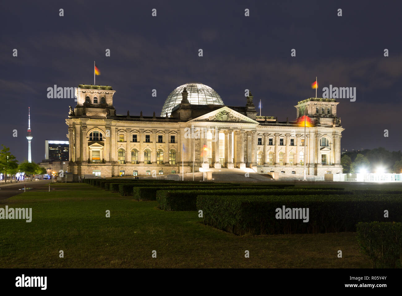 Reichstag at night, behind television tower Alexanderplatz, government quarter, Berlin, Germany Stock Photo