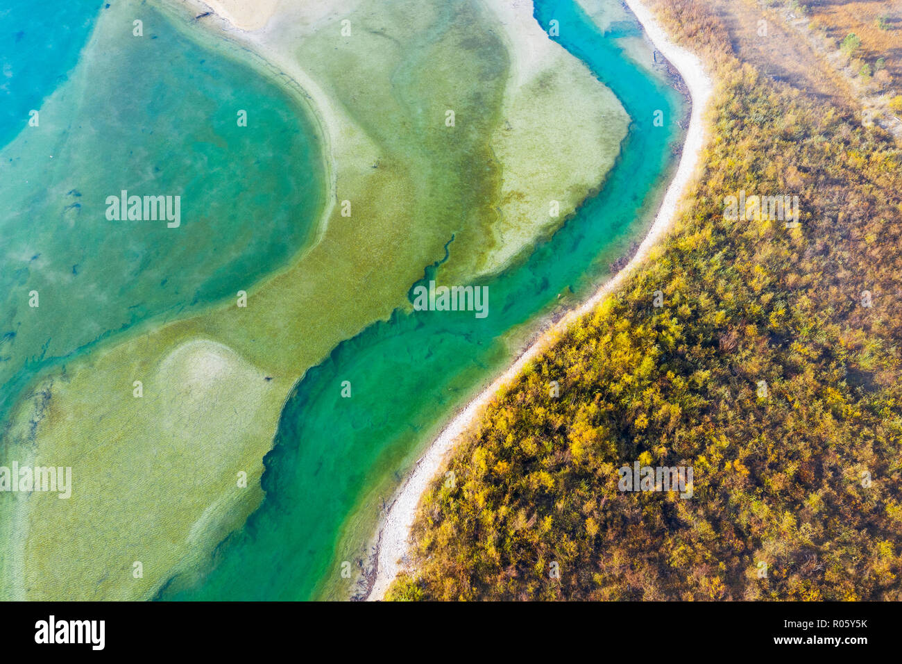 Isar, at the inflow into the Sylvenstein lake, Sylvenstein reservoir, drone image, Lenggries, Isarwinkel, Upper Bavaria, Bavaria Stock Photo