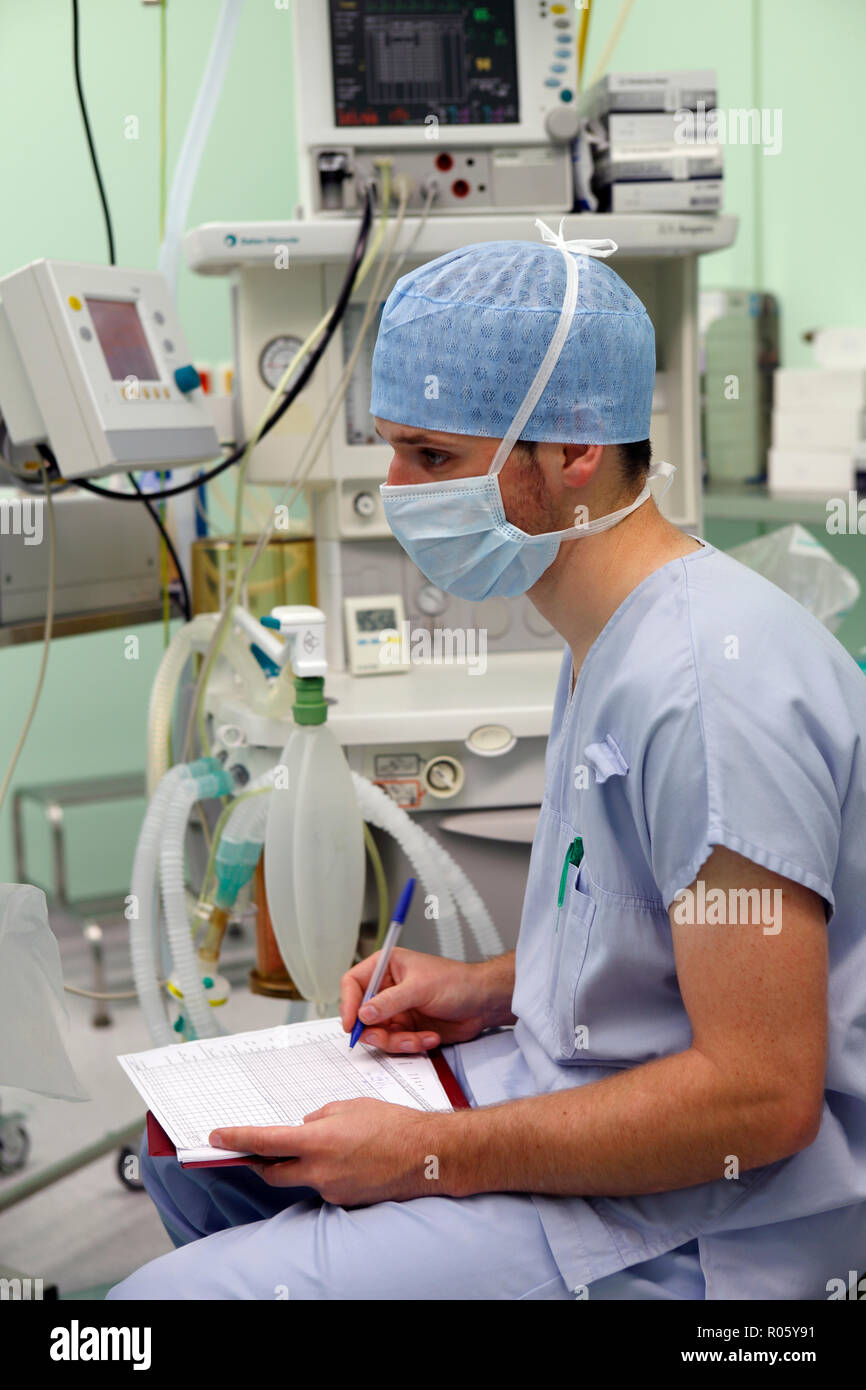 Anesthetist in the operating room, Czech Republic Stock Photo