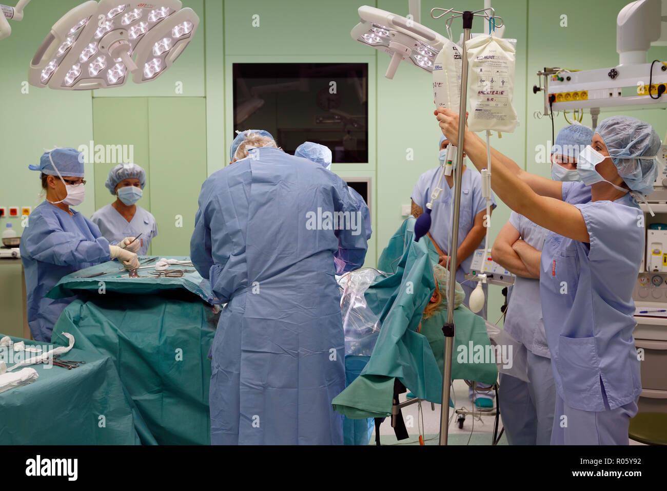 Surgical intervention at birth in the hospital, Caesarean section, Czech Republic Stock Photo