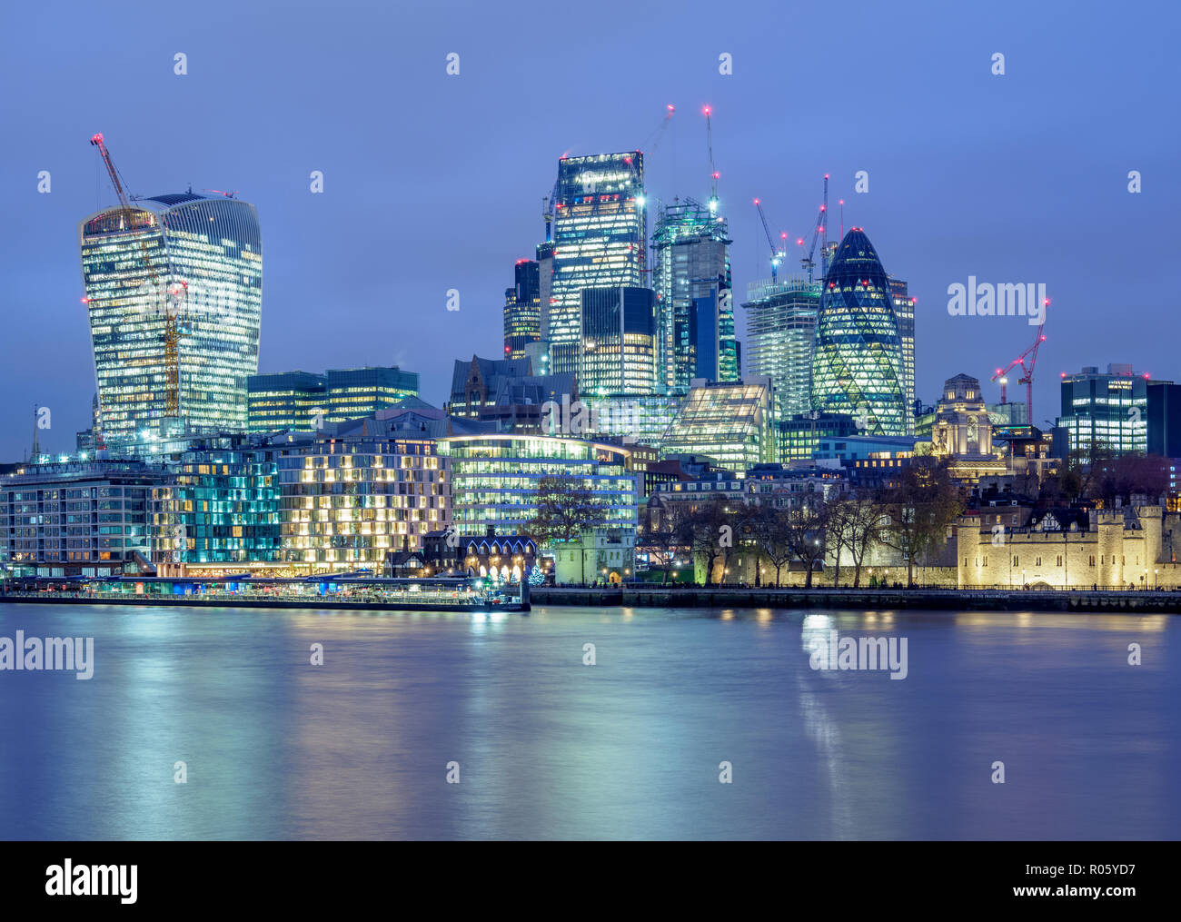 River Thames and City of London at dusk, London, England, United Kingdom Stock Photo