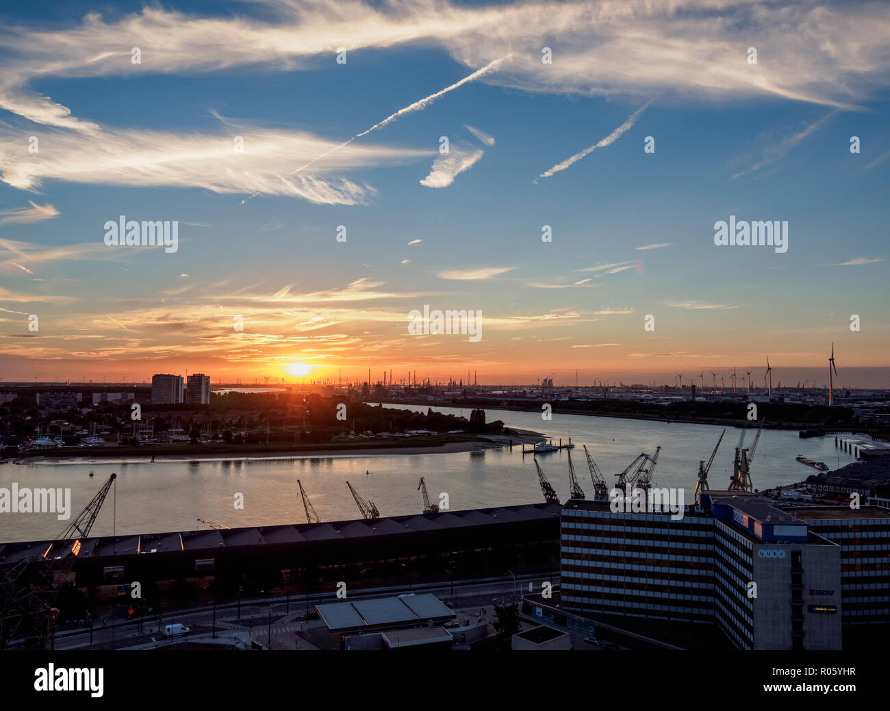 Sunset over the River Scheldt and Port, Antwerp, Belgium Stock Photo