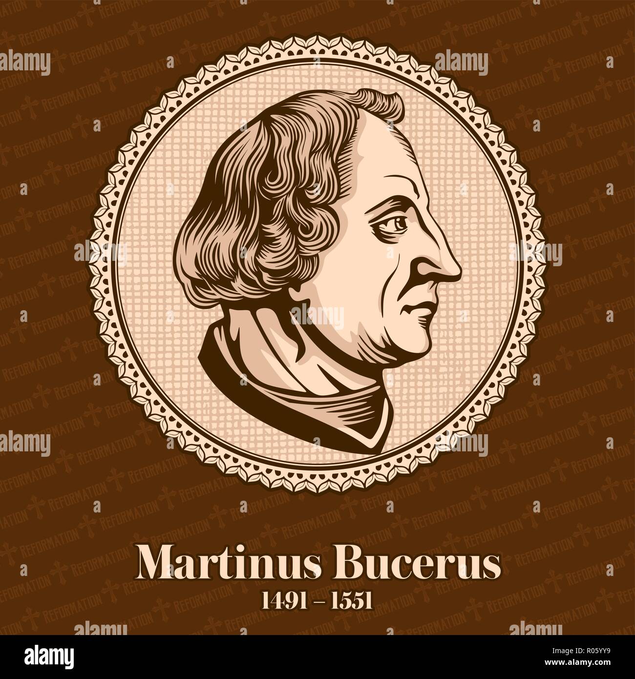 Martin Bucer (1491 – 1551) was a German Protestant reformer in the Reformed tradition based in Strasbourg who influenced Lutheran, Calvinist Stock Vector
