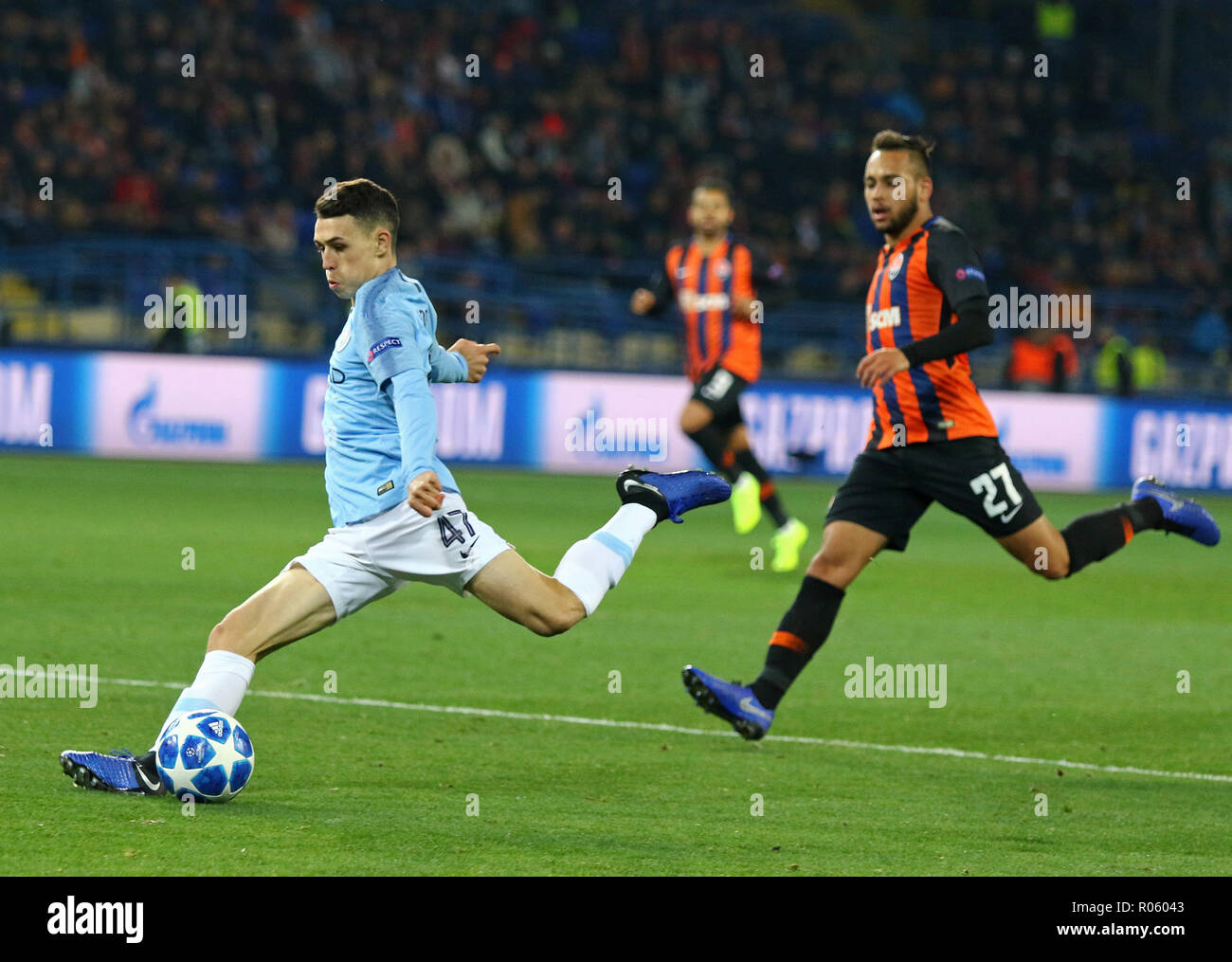 KHARKIV, UKRAINE - OCTOBER 23, 2018: Phil Foden of Manchester City (#47) kicks a ball during the UEFA Champions League game against Shakhtar Donetsk a Stock Photo