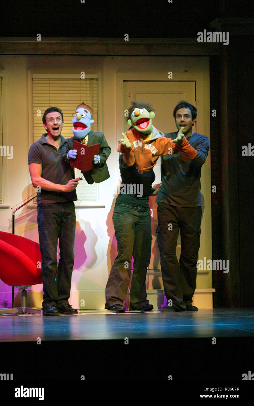 (lr) Mitchell Butel, Natalie Alexopoulos, Luke Joslin Cast and puppets