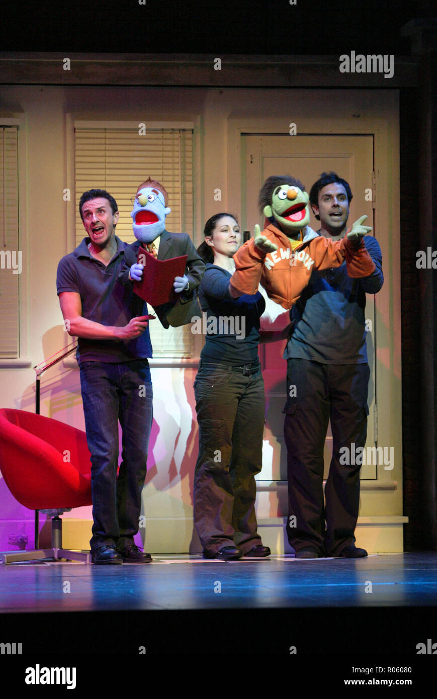 (lr) Mitchell Butel, Natalie Alexopoulos, Luke Joslin Cast and puppets