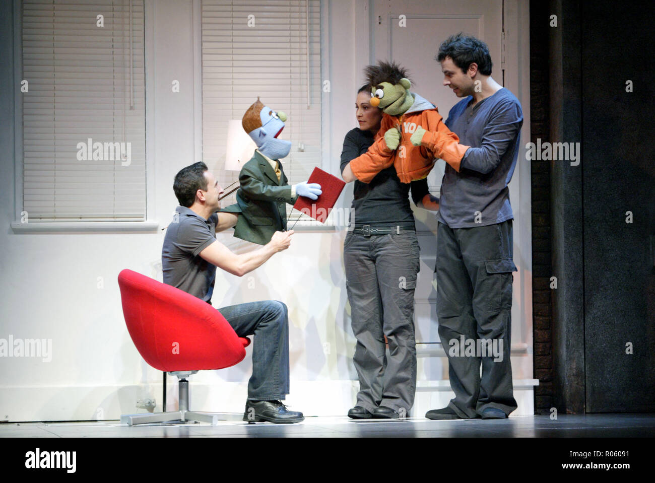 (lr) Mitchell Butel, Natalie Alexopoulos, Luke Joslin Cast and puppets