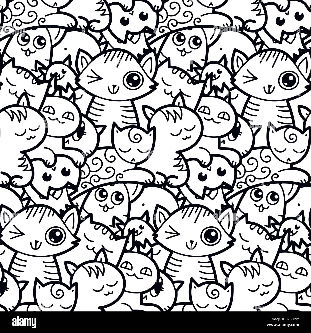 Funny Doodle Cats And Kittens Seamless Pattern For Prints Designs And Coloring Books Vector Illustration Stock Vector Image Art Alamy