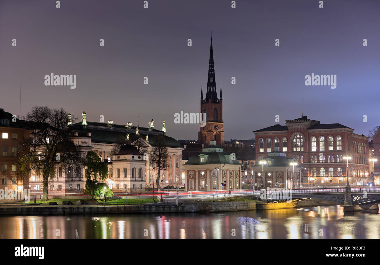 Stockholm's Gamla Stan and Riddarholmen with the Church of Riddarholmen, the Old Archive, the House of Nobility and the Highest Court in the frame Stock Photo