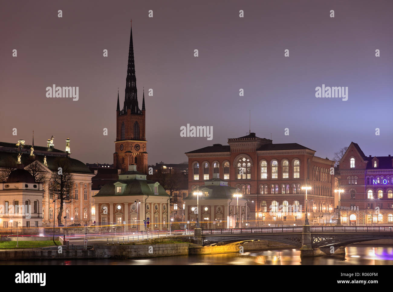 Stockholm's Gamla Stan and Riddarholmen with the Church of Riddarholmen, the Old Archive, the House of Nobility and the Highest Court in the frame Stock Photo