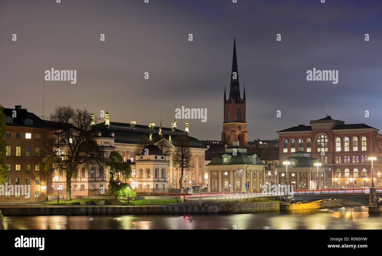 Stockholm's Gamla Stan and Riddarholmen with the Church of Riddarholmen, the Old Archive, the House of Nobility and the Highest Court in the frame Stock Photo