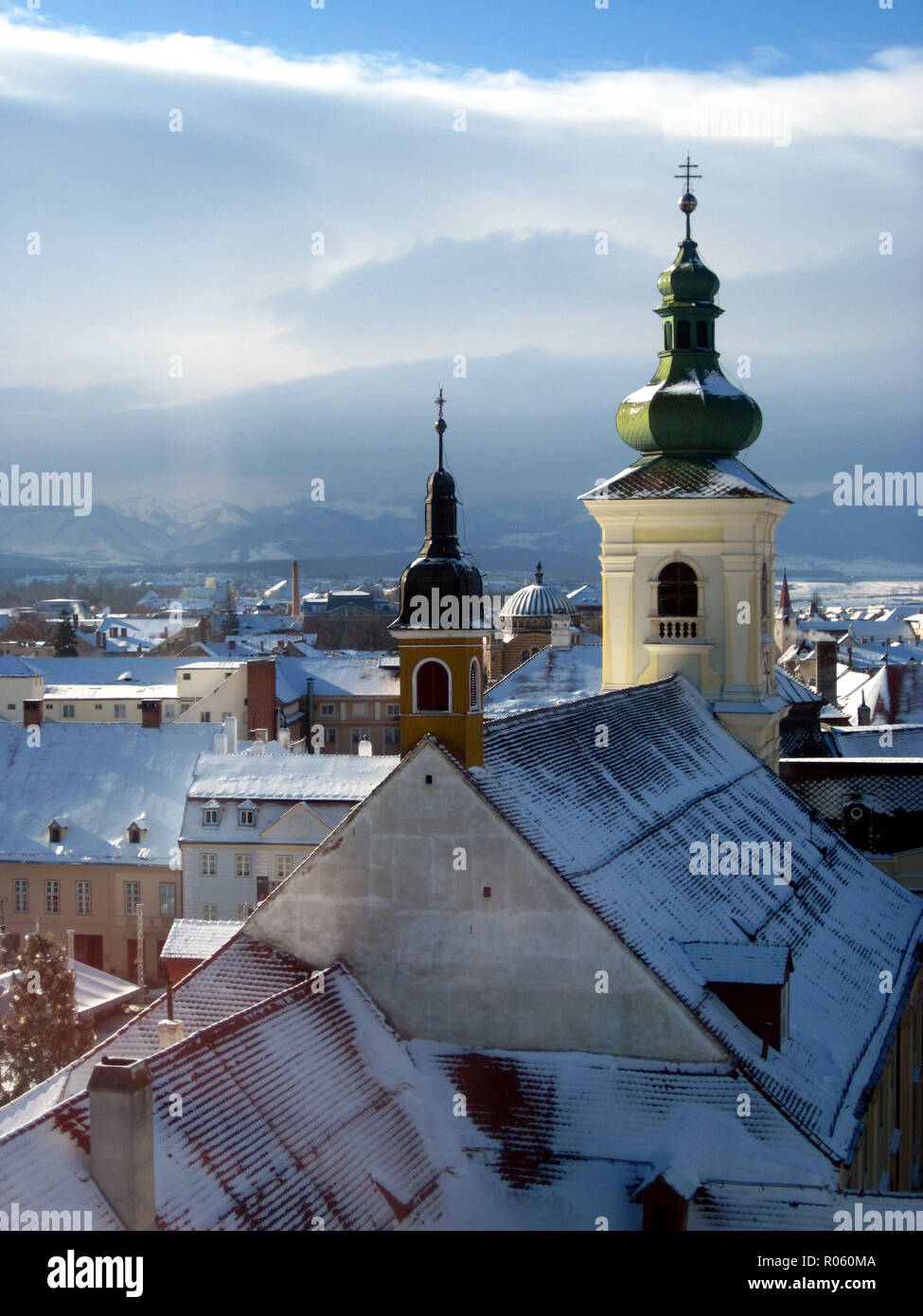 Snowy rooftops of Sibiu, Romania Stock Photo