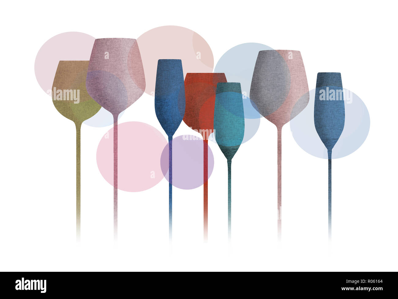 Here is a graphic artwork of stemware glasses. Long stem glasses for wine, champagne etc. are seen with texture and color. Stock Photo