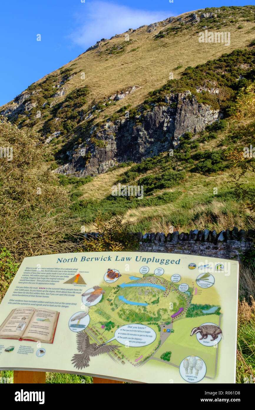 North Berwick Law a conical hill, crag and tail, formed by a volcanic plug of hard phonolitic trachyte rock from Carboniferous period, North Berwick, Stock Photo