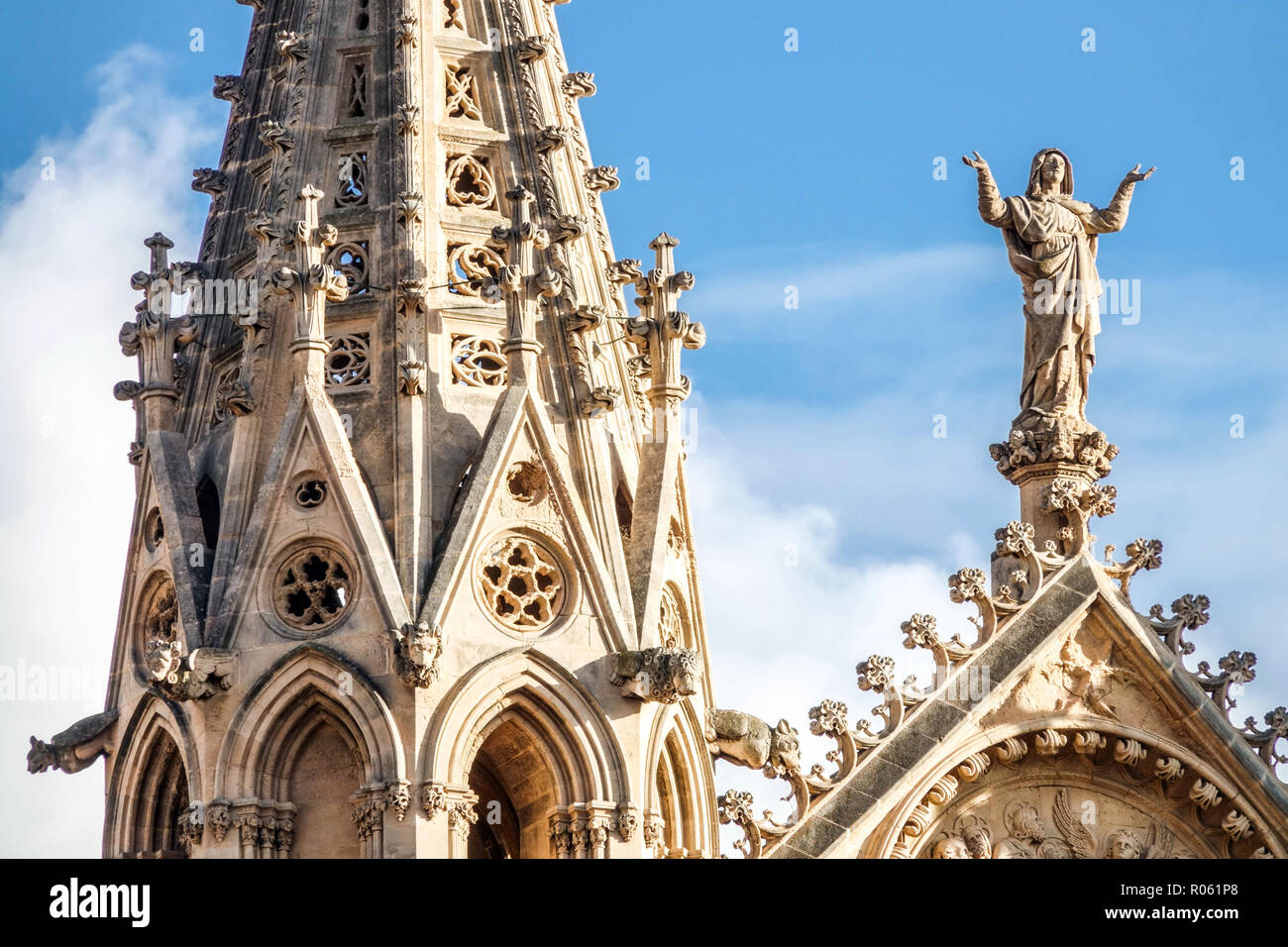 Palma Cathedral La Seu detail, Saint Mary and gargoyles Spain Palma de Mallorca Stock Photo