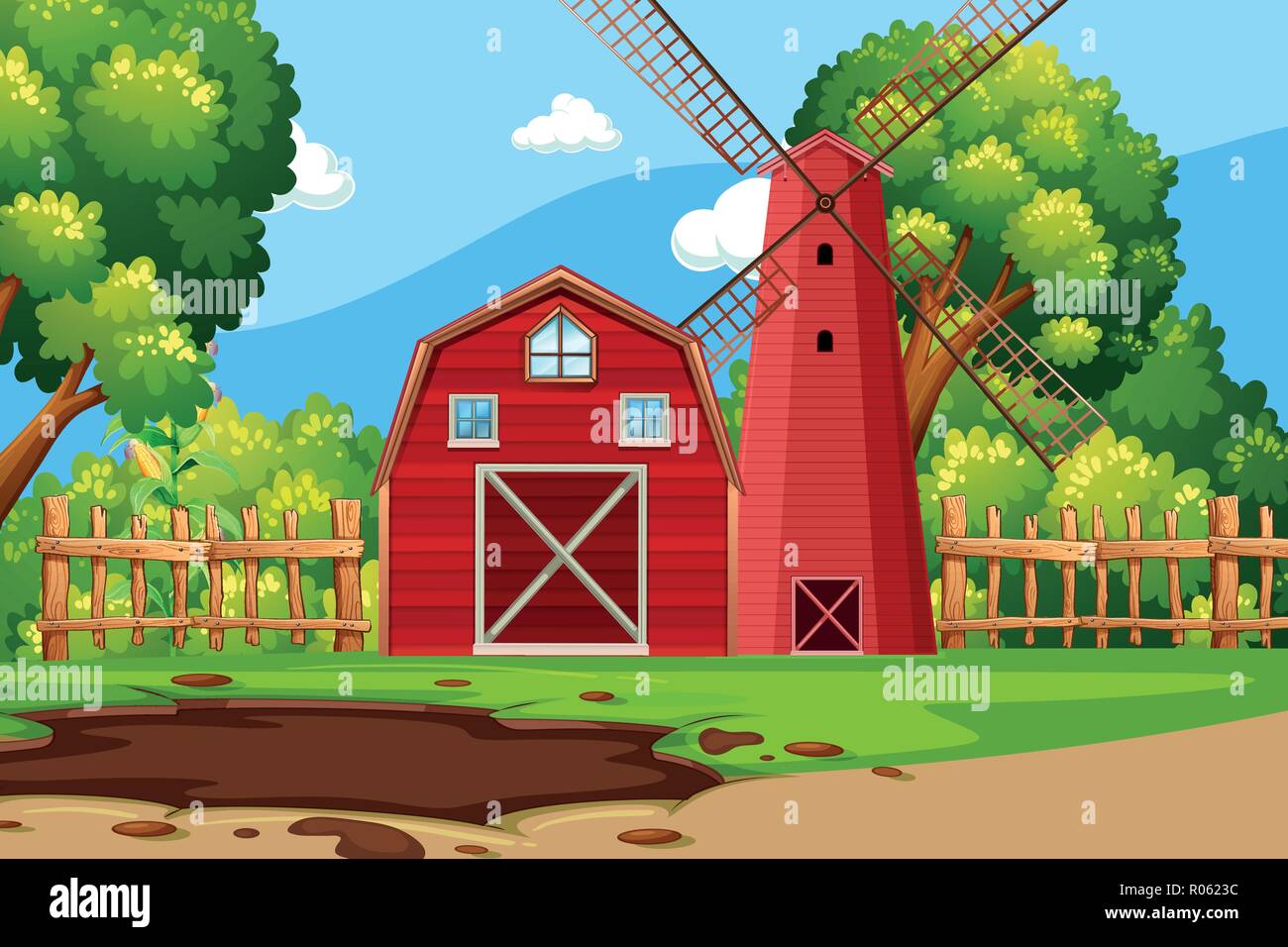 Farm scene with red barn illustration Stock Vector Image & Art - Alamy