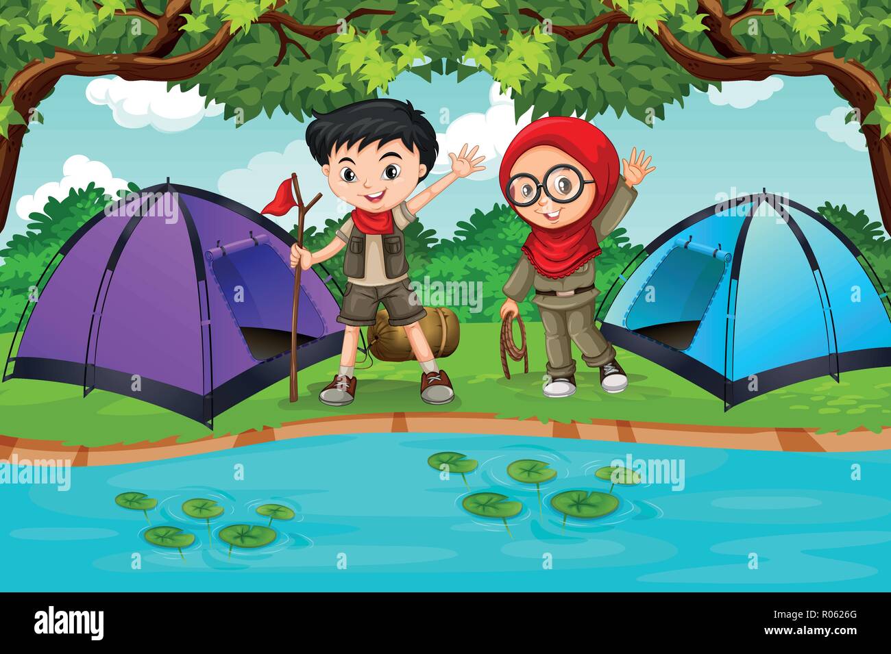 Two children camping scene illustration Stock Vector Image & Art - Alamy