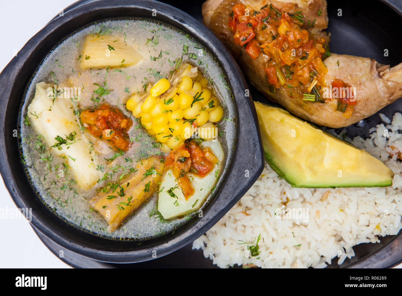 Traditional Colombian soup from the region of Valle del Cauca called sancocho Stock Photo