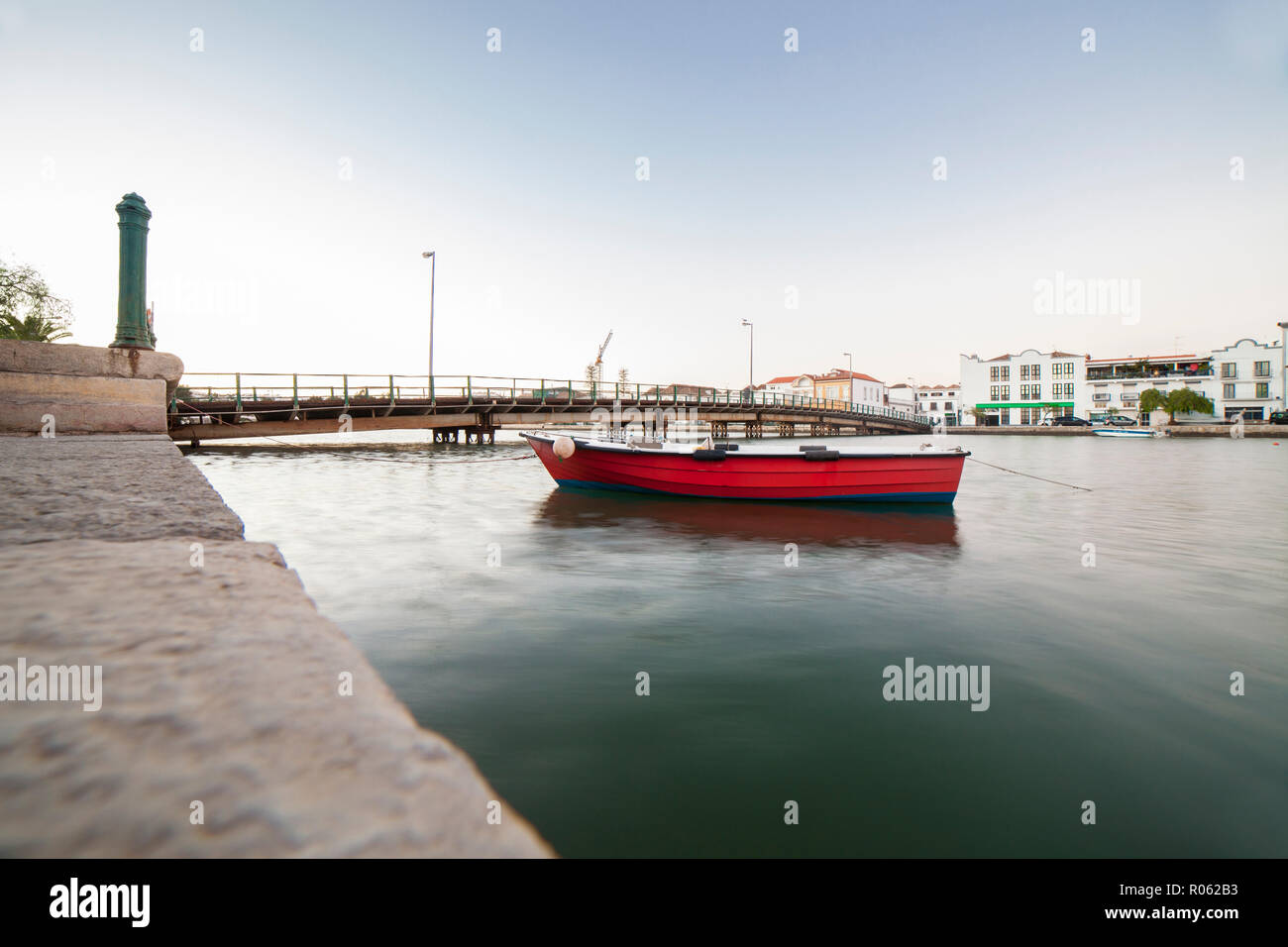 Red fishing boat at the mooring near Tavira down town, Algarve, Portugal Stock Photo