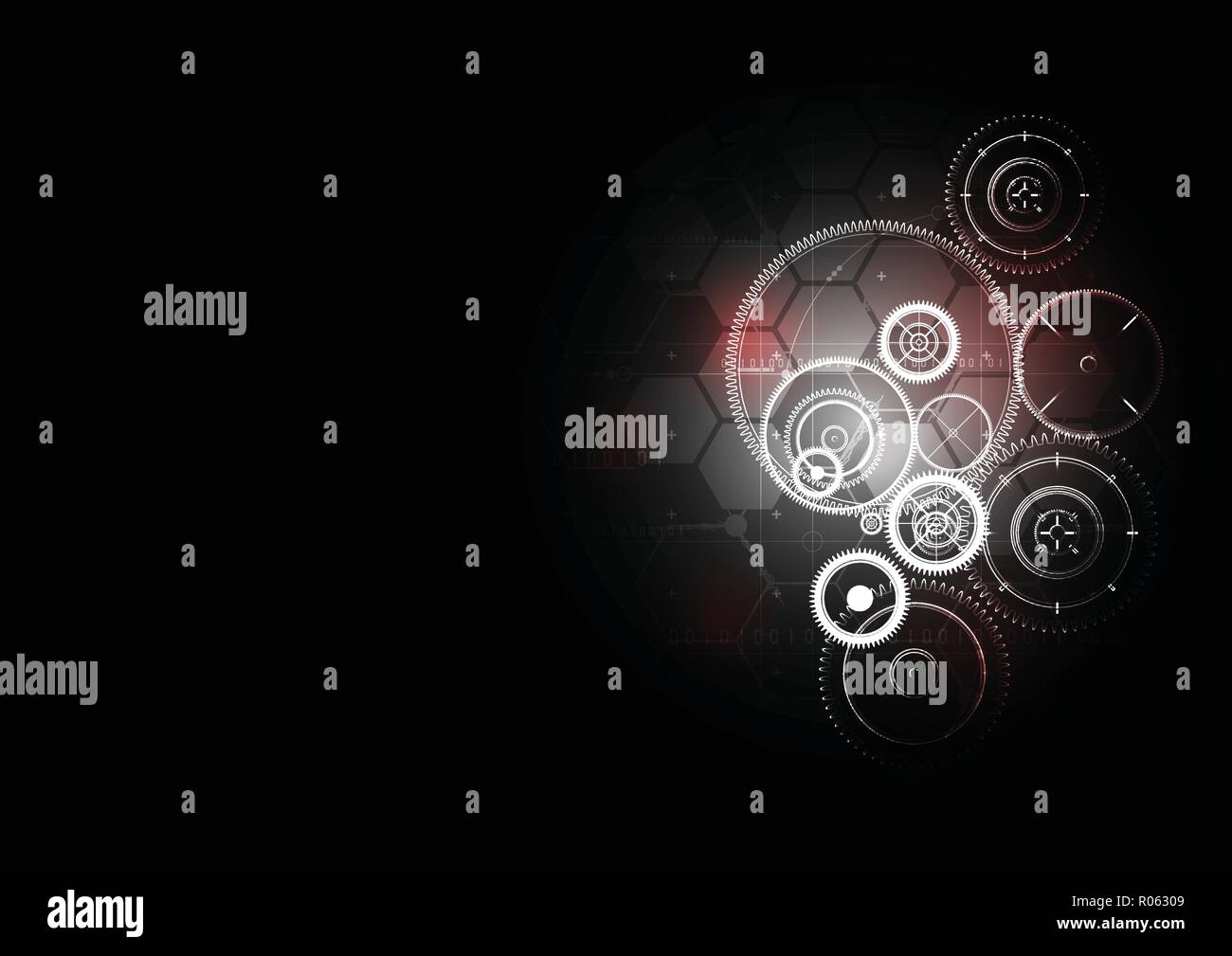 Technological abstract red light interface gears background vector design Stock Vector