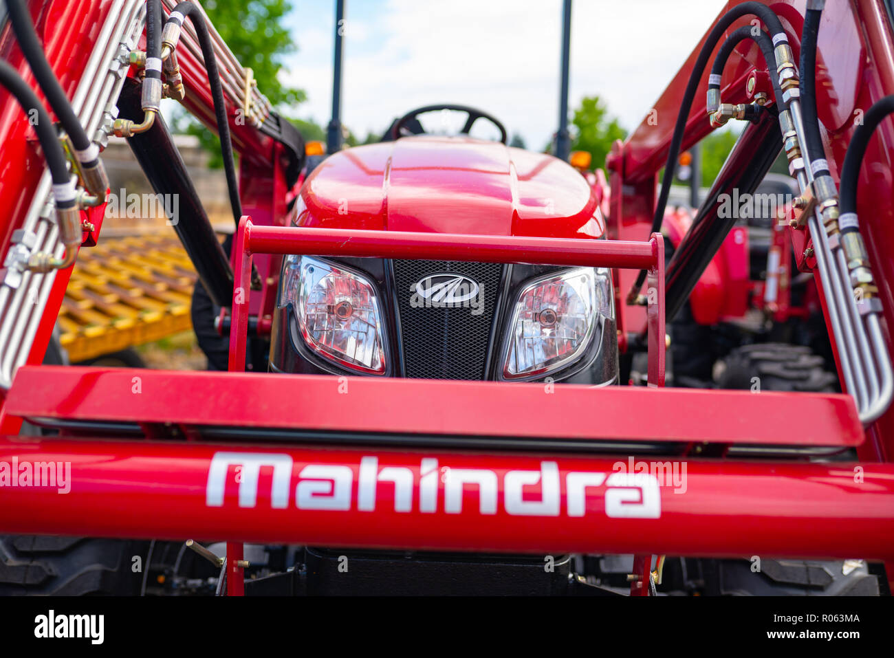 Newberg, OR / USA July 5 2018 Mahindra agricultural heavy machinery