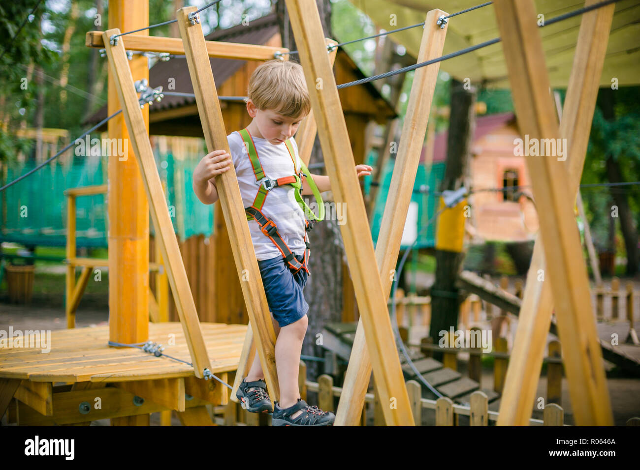 Boy climbing pass obstacles in rope park, fun activity Stock Photo Alamy