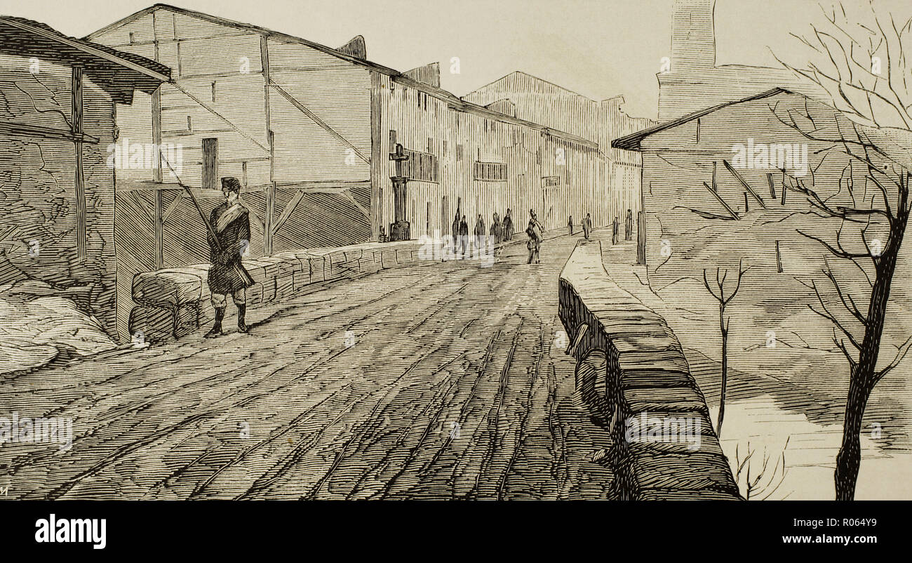 Spain. Third Carlist War (1872-1876). Basque provinces. Ochandiano (Otxandio), province of Biscay. Entrance to the village arriving from Vitoria. Context of the Bourbon Restoration, reign of Alfonso Xll. Engraving. La Ilustracion Española y Americana, February 15, 1876. Stock Photo