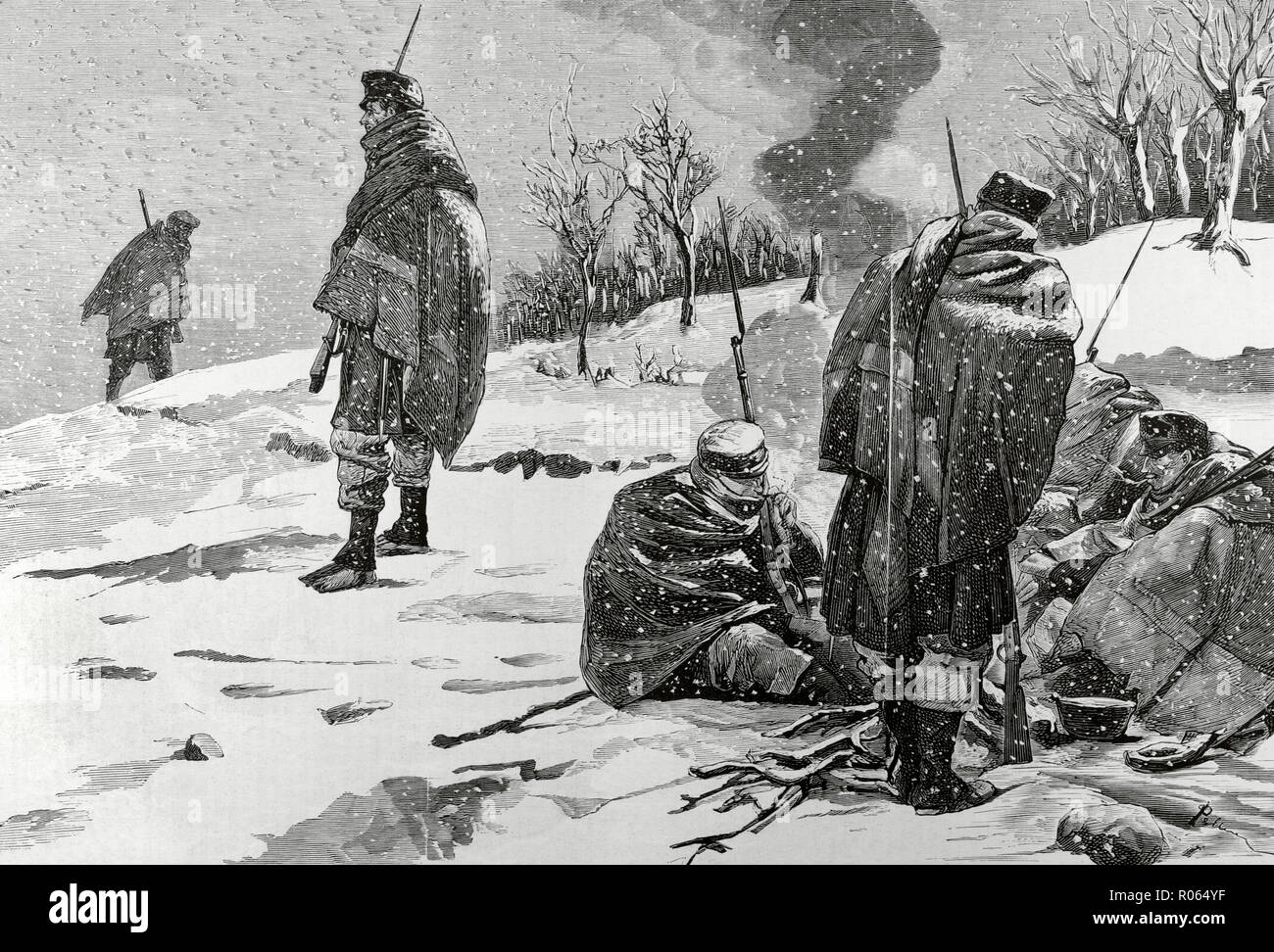 Spain. Third Carlist War (1872-1876). Basque provinces. Troops of the Leon Regiment in the Ochandiano Heights (Otxandio), entrenched by the Carlist troops. Drawing by Pellicer. Engraving. Context of the Bourbon Restoration, reign of Alfonso Xll. La Ilustracion Española y Americana, February 15, 1876. Stock Photo