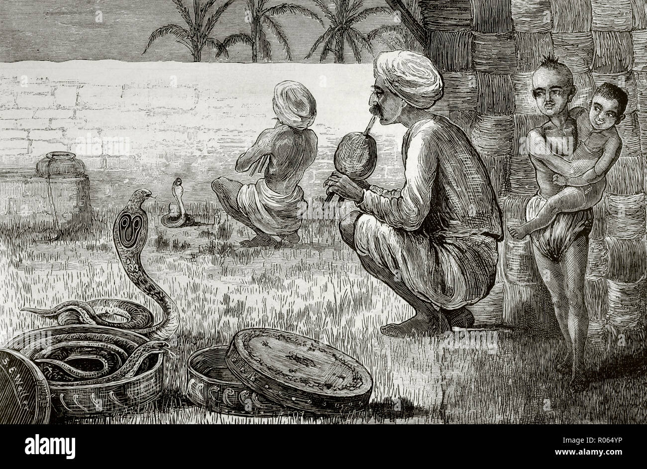 Journey of the Prince of Wales to India (future King Edward Vll). Bombay. Snake tamers. Engraving. La Ilustracion Española y Americana, February 15, 1876. Stock Photo