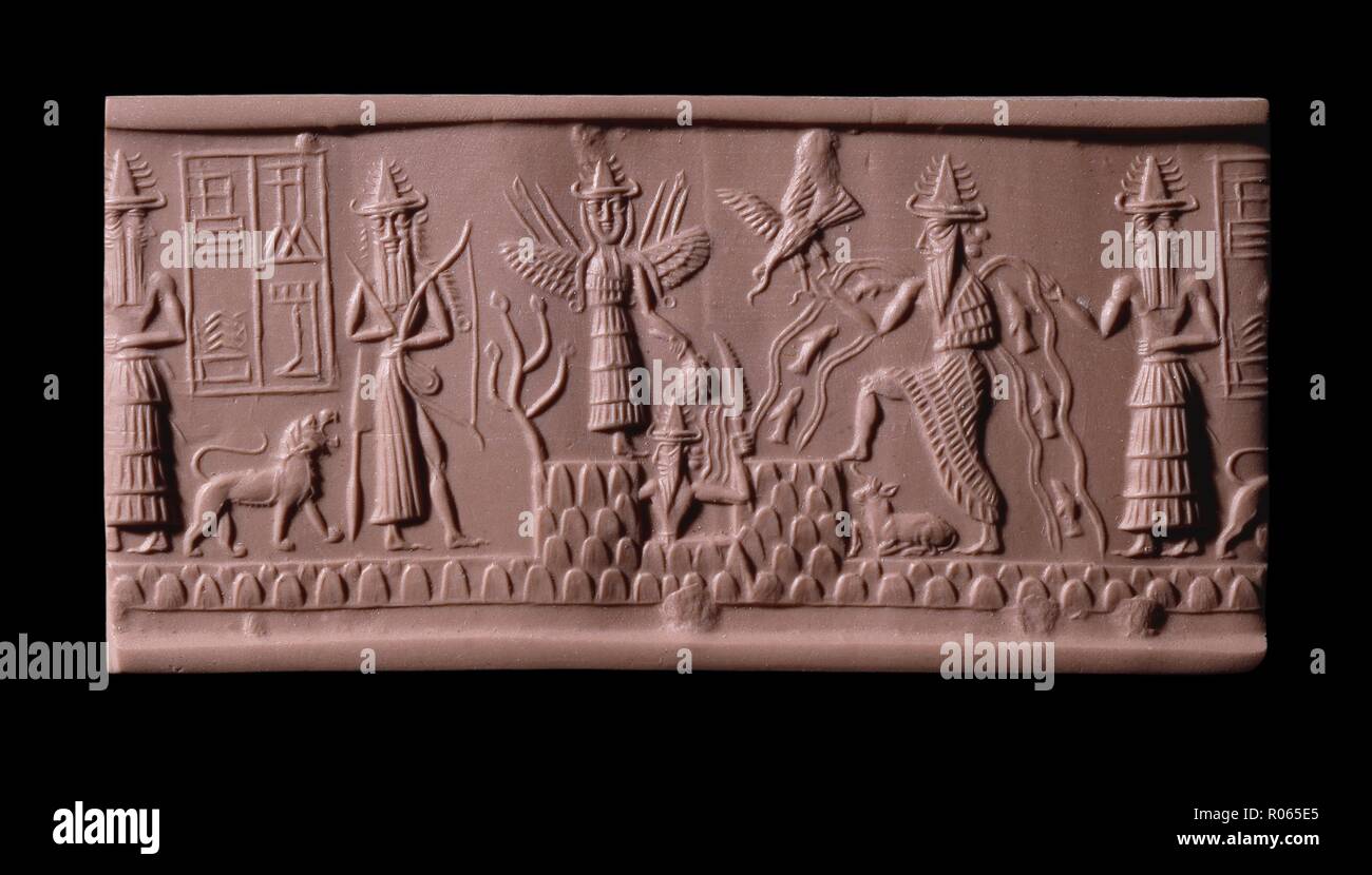 6368. Sumerian God Enki, water erupting from his shoulder ( second on right),  sun God Utu is emerging from the depths (center figure) above winged Goddess Inanna (Ishtar). Akkadian cylinder seal dating c. 2300 BC Stock Photo