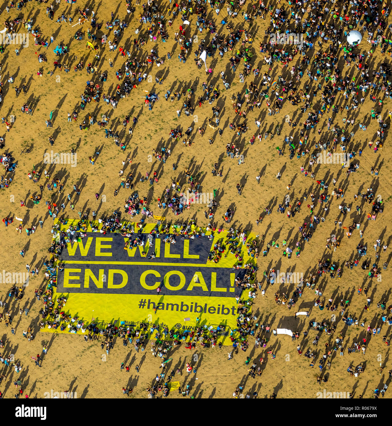 Aerial photo, large demonstration with WE WILL END COAL #hambibleebet banner, against the clearing of the Hambacher forest, Hambach, Hambacher Forst,  Stock Photo