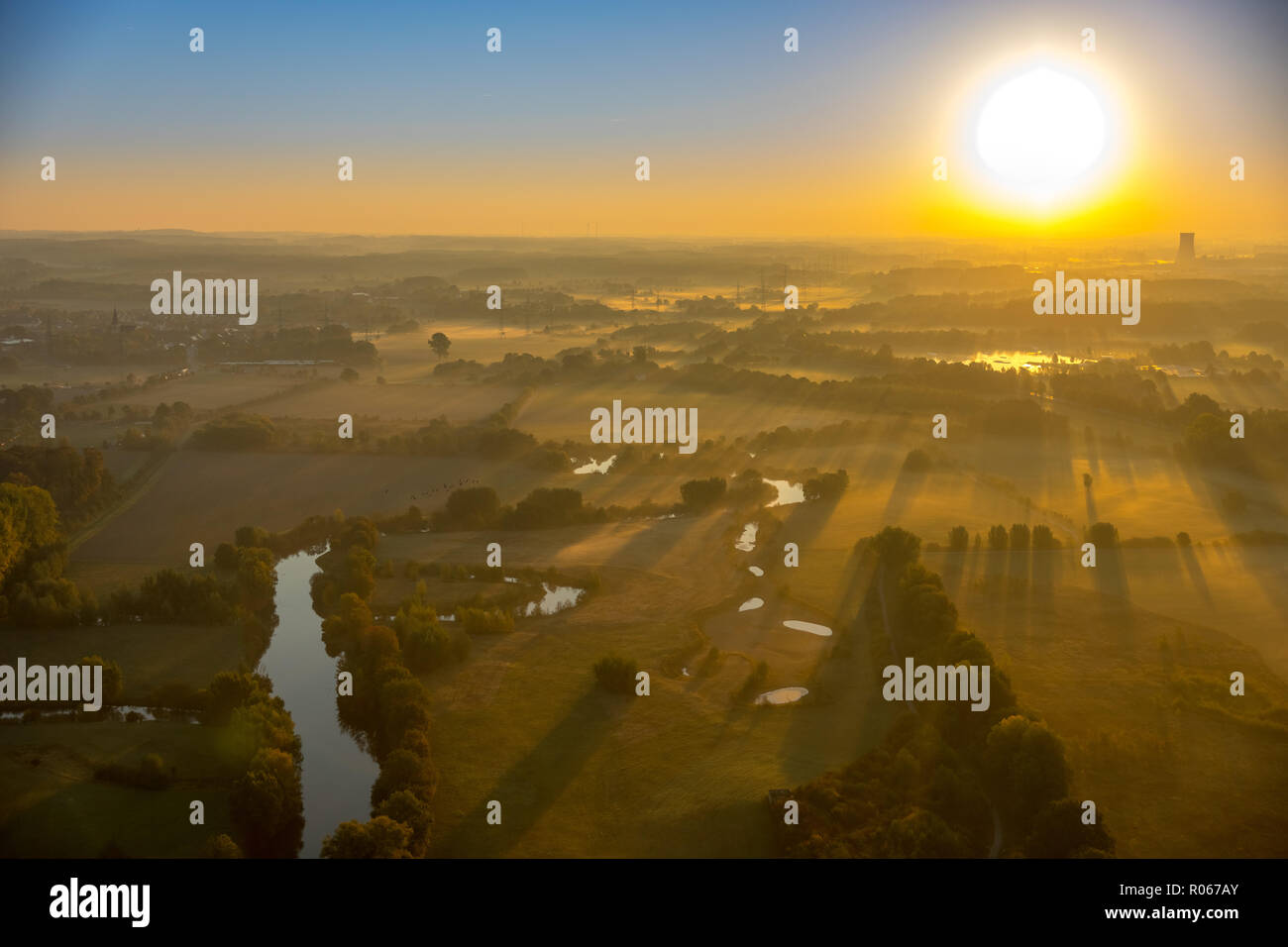 Aerial view, morning fog over the Lippe meadows, Lippeauen, Golden October over Hamm, Hamm, Ruhr area, North Rhine-Westphalia, Germany, DE, Europe, ae Stock Photo